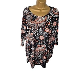 Paisley Grace Flowy Tunic Top 3/4 Sleeve Paisley Print Black XL